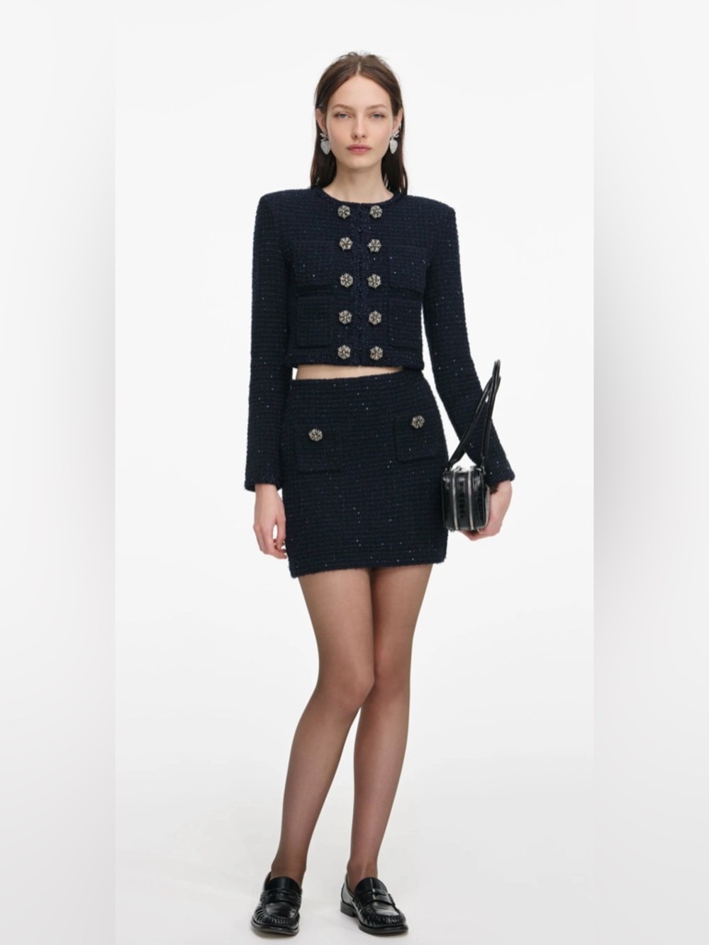 Self Portrait NAVY TEXTURED KNIT Elegant Jacket US2/UK6